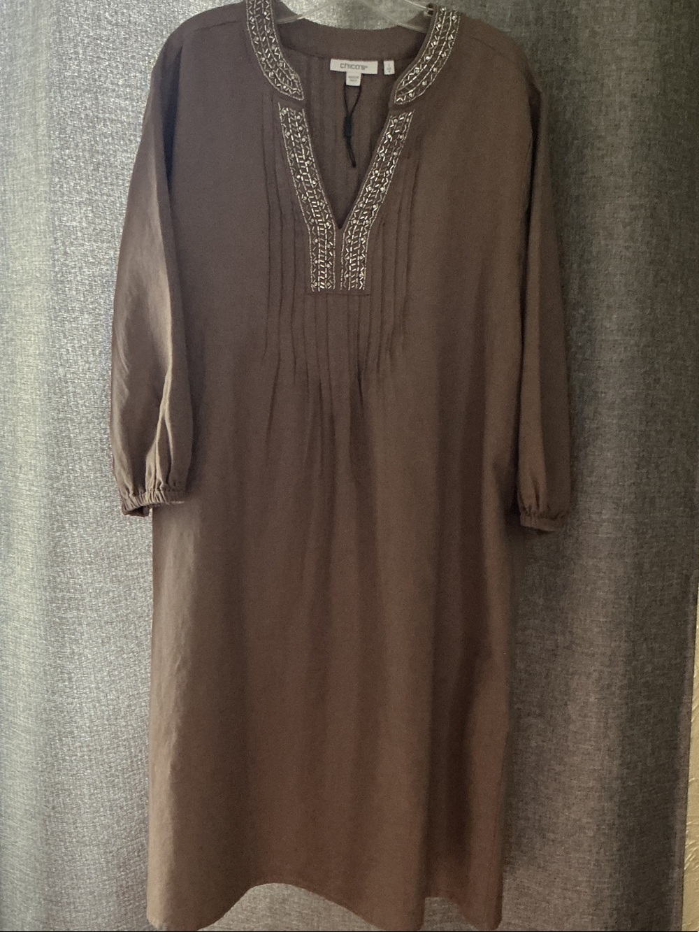 Chico's Brown Beaded V-Neck Midi Dress